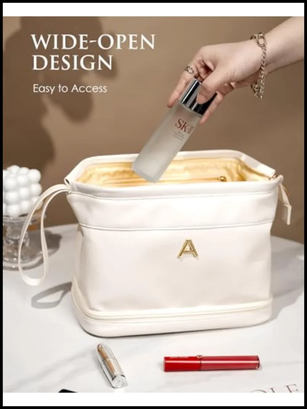 Initial Double Layer PU Leather Cosmetic Bag with Brush Organizer Large